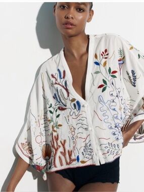Zara "Under the Sea" 100% Cotton Hand Embroidered Floral Marine Kimono Blouse